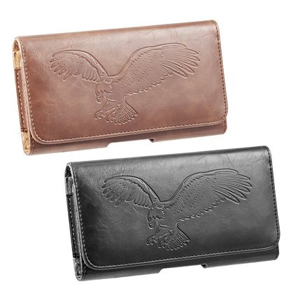 For Apple iPhone 16 Pro (6.3") Universal Horizontal Leather Phone Case with Embossed American Eagle Pouch Belt Clip Holster & Magnetic Pouch [Brown]