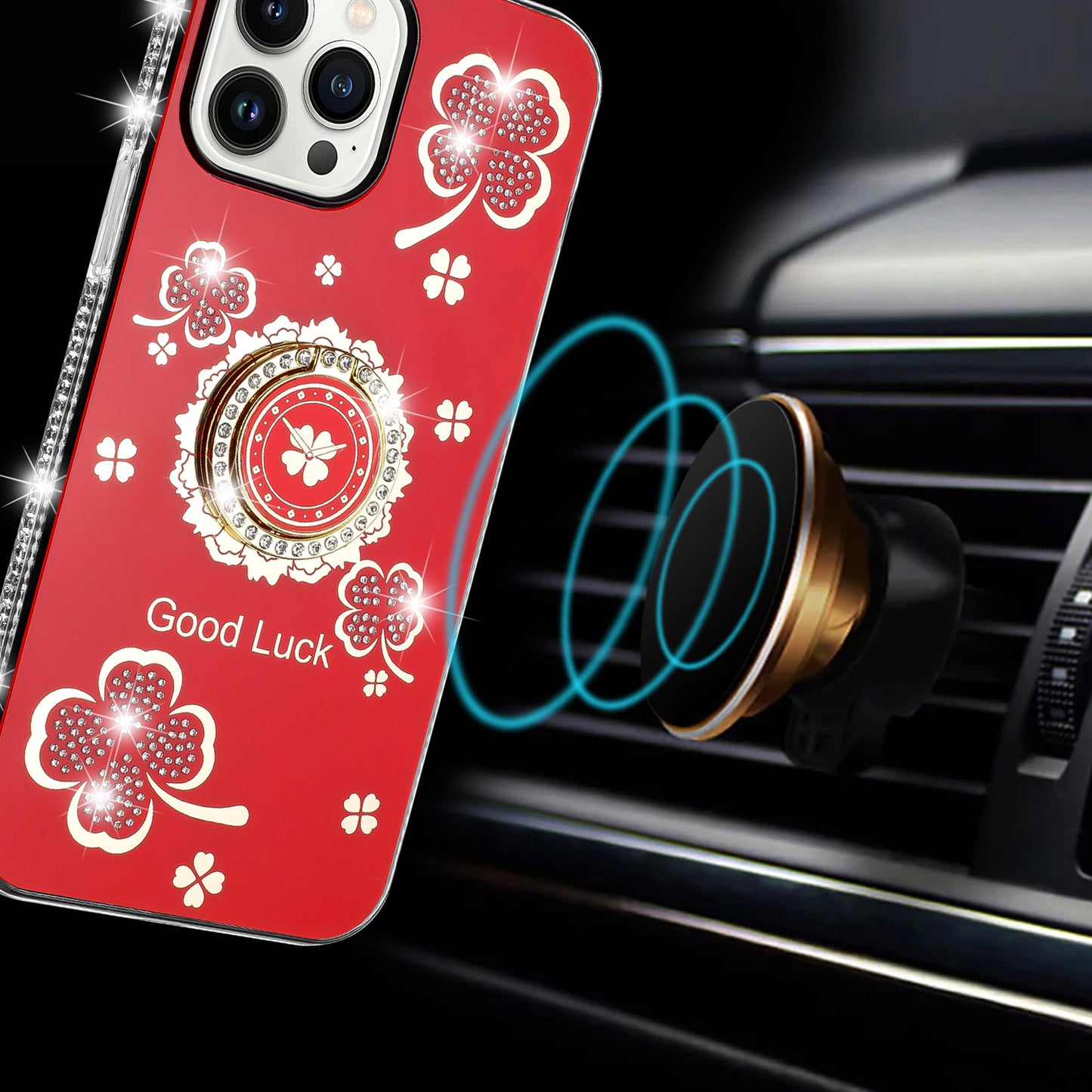 For Samsung Galaxy S21 Ultra Diamonds Bling All Around Edges Sparkly Glitter Hybrid Ring Stand Holder Fashion Good Luck Case Cover