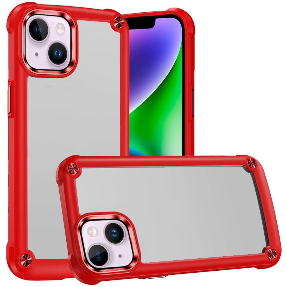 For iPhone 14/13 (6.1") Hybrid Transparent Rubber with Metal Buttons & Camera Edges Hard TPU Corner Frame Bumper Case Cover Light Purple