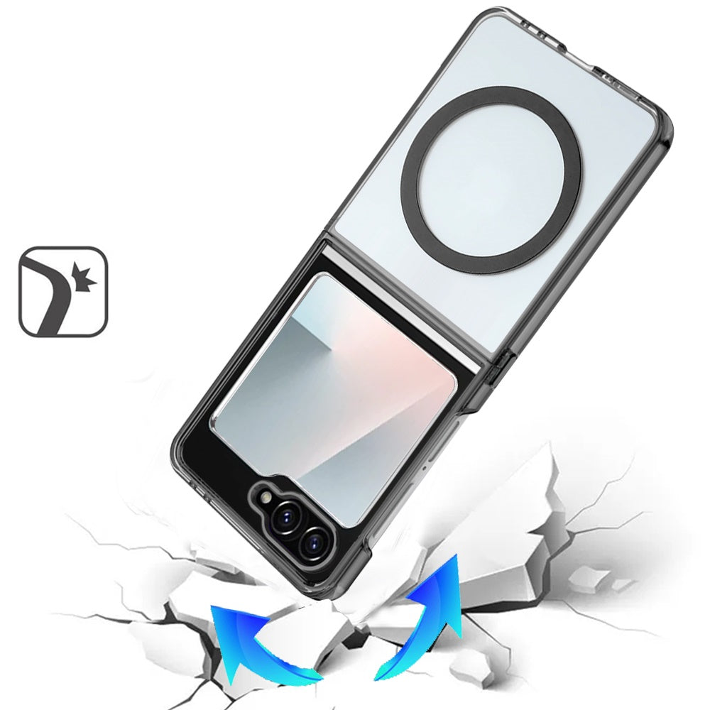 For Samsung Galaxy Z Flip 7 FE / Z Flip 6 Transparent Back Hybrid Case - Magnetic Circle, Color Frame, Metal Buttons, MagSafe Compatible Case Cover