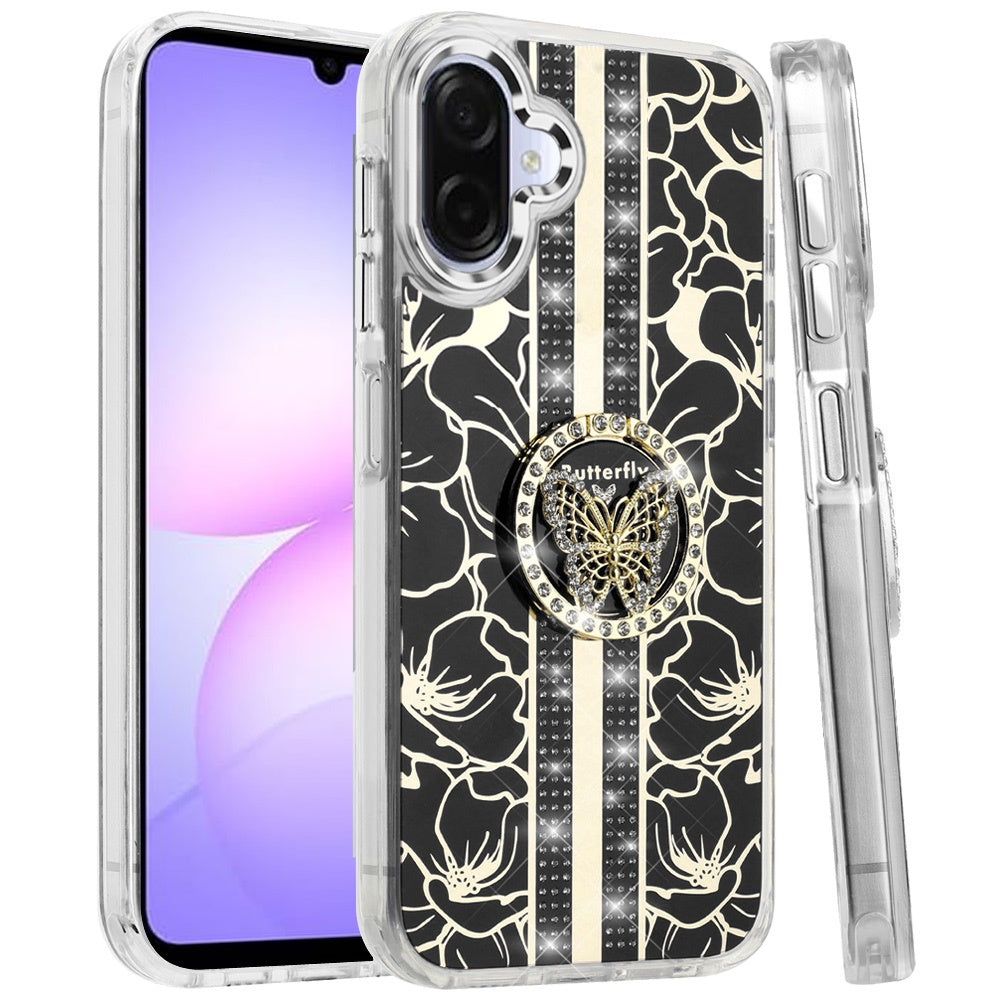 For Samsung Galaxy A07 Diamonds 3D Butterfly Floral Design Bling Sparkly Glitter Hybrid Metal Fashion with Ring Stand Case Cover