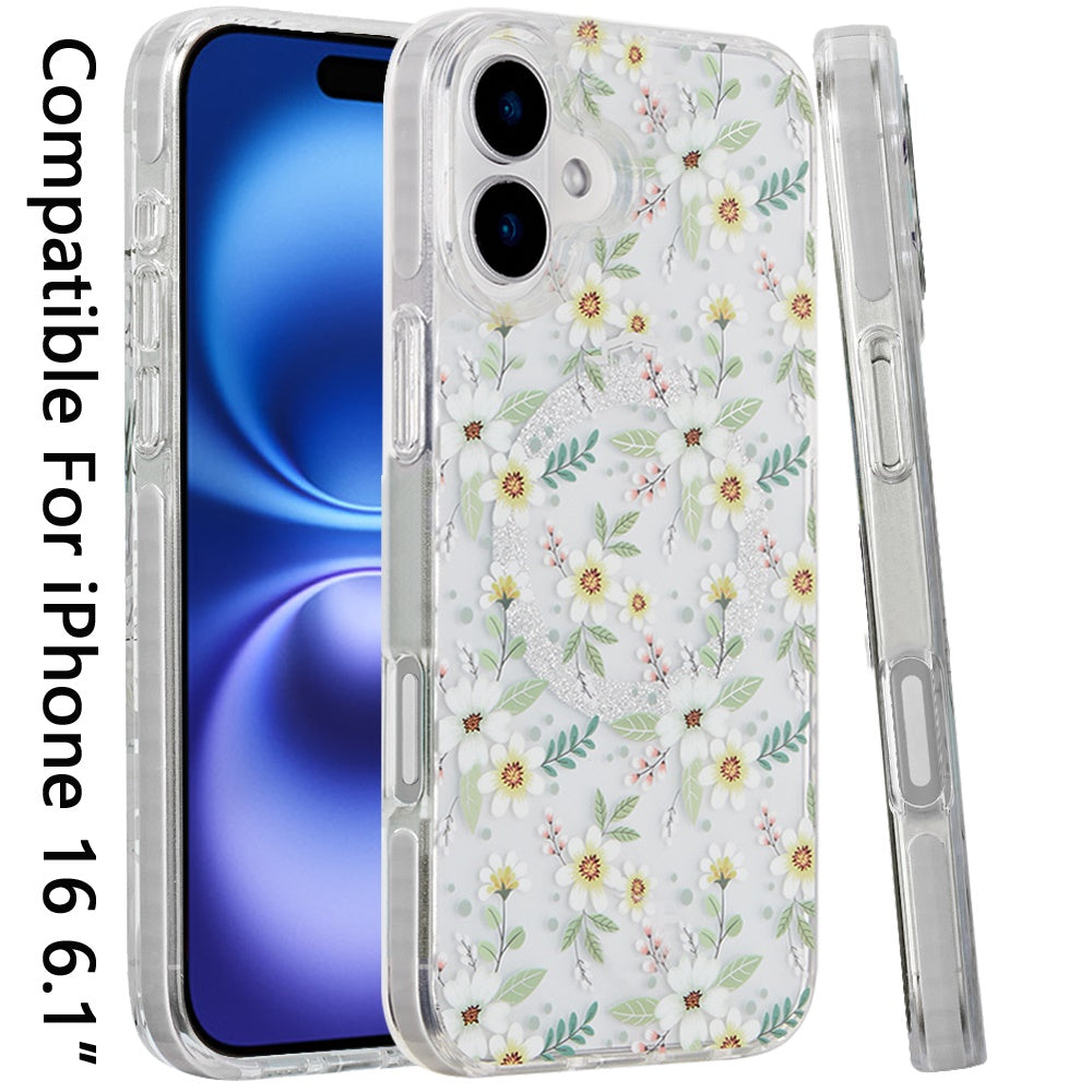 For Apple iPhone 16 (6.1") Floral Pattern Design Cute Clear Hybrid Compatible with Magsafe Double Layer Soft TPU Hard PC Back Slim Case Cover
