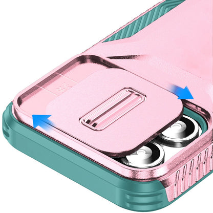 For iPhone 16 (6.1") Slim Fit Shockproof Hybrid with Slide Camera Window Covering, Rugged Tpu Silicone Hard PC Bumper Case Cover Pink-Teal