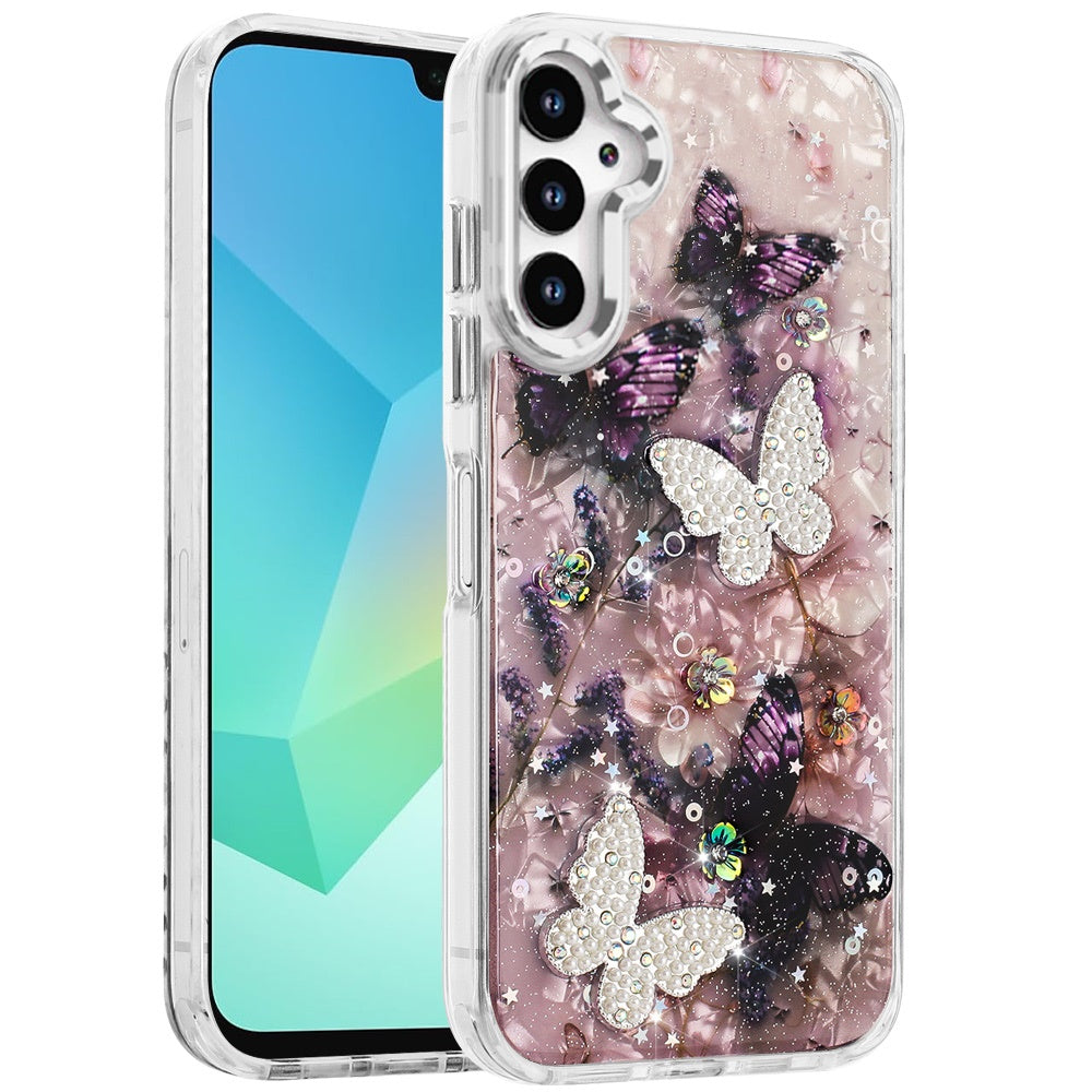 For Samsung Galaxy A37 Epoxy Glitter Flowers Bling 3D Butterfly Fashion TPU Hybrid with Shockproof Protection Case Cover