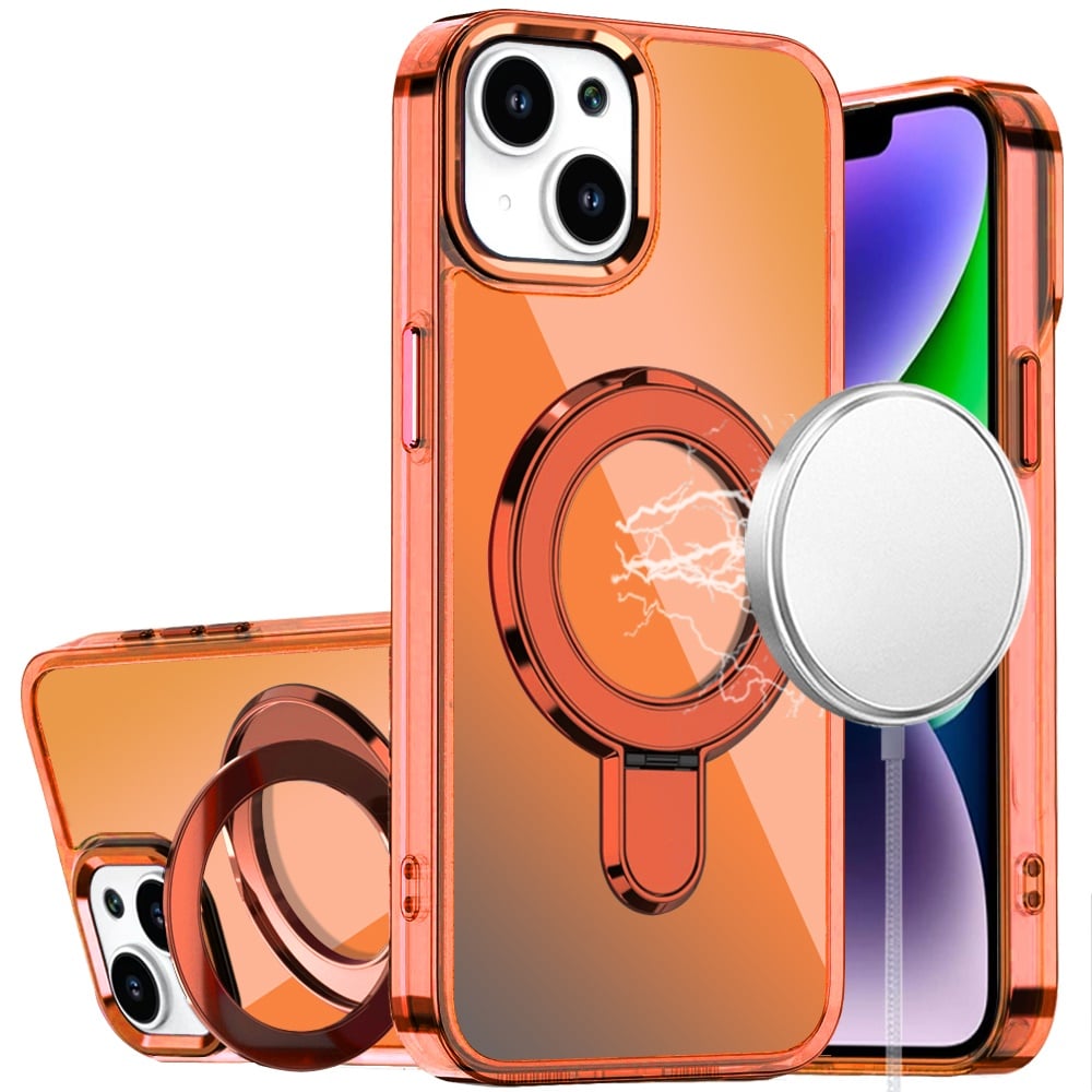 For iPhone 12 / iPhone 12 Pro (6.1") Chrome Hybrid with Rotating Magnetic Circle Ring Stand, Slim Shockproof Hybrid Case Cover Cosmic Orange