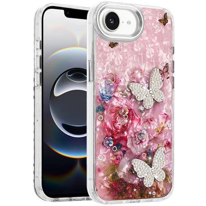 For Apple iPhone 16e Epoxy Glitter Flowers Bling 3D Butterfly Fashion TPU Hybrid with Shockproof Protection Case Cover