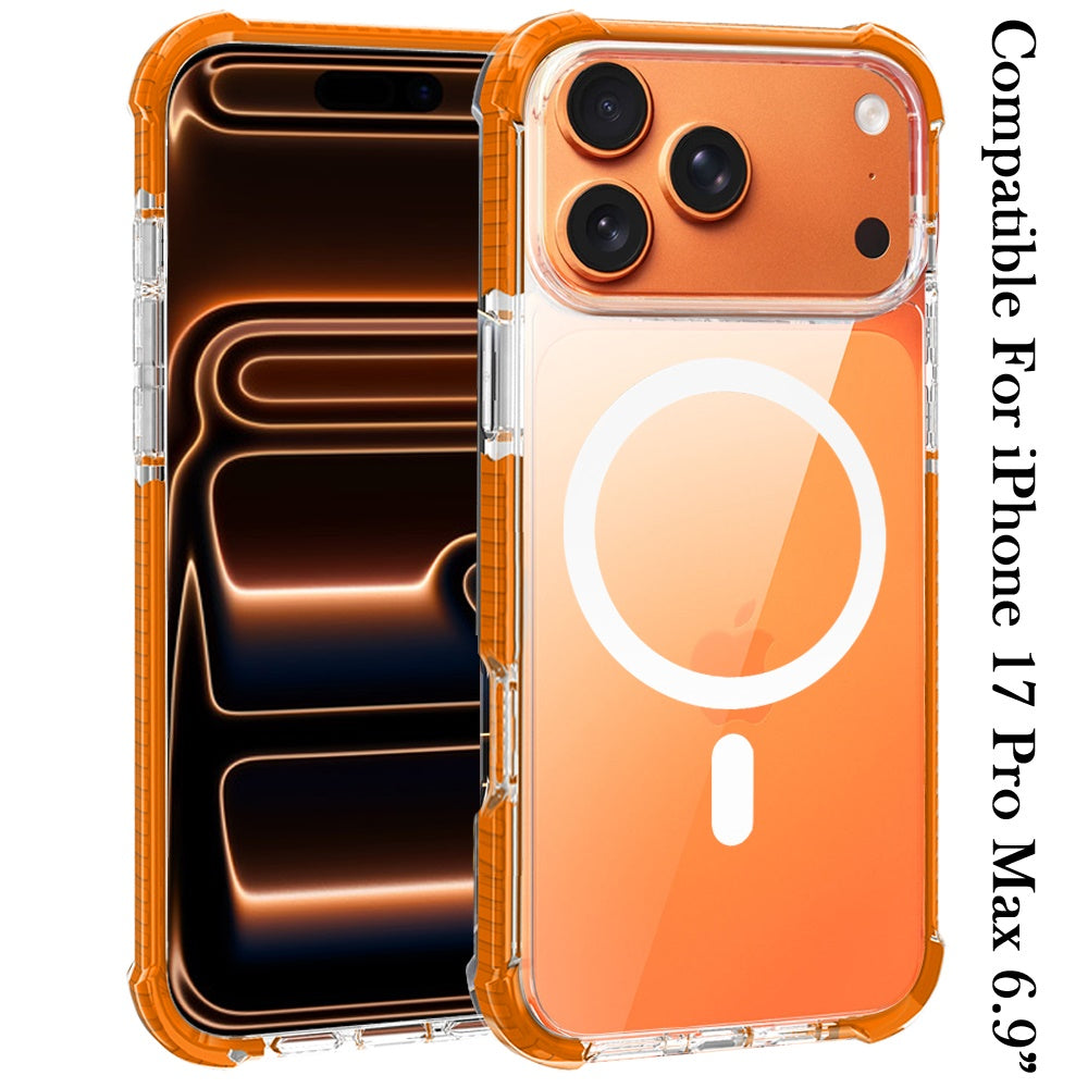 Phone Case for Apple iPhone 17 Pro Max (6.9") Acrylic Magnetic Circle Transparent Shockproof Frame Hybrid 2.5mm Tough Clear Drop Protection Slim Durable Cover Cosmic Orange