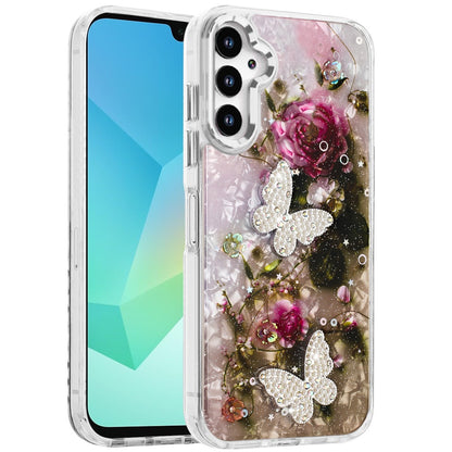 For Samsung Galaxy A36 Epoxy Glitter Flowers Bling 3D Butterfly Fashion TPU Hybrid with Shockproof Protection Case Cover