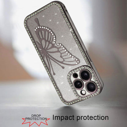 For Apple iPhone 17E /16E Butterfly Glitter Diamond Shimmer Hybrid Slim & Stylish Electroplated Sparkly Bling Shockproof TPU Protective Case Cover Black