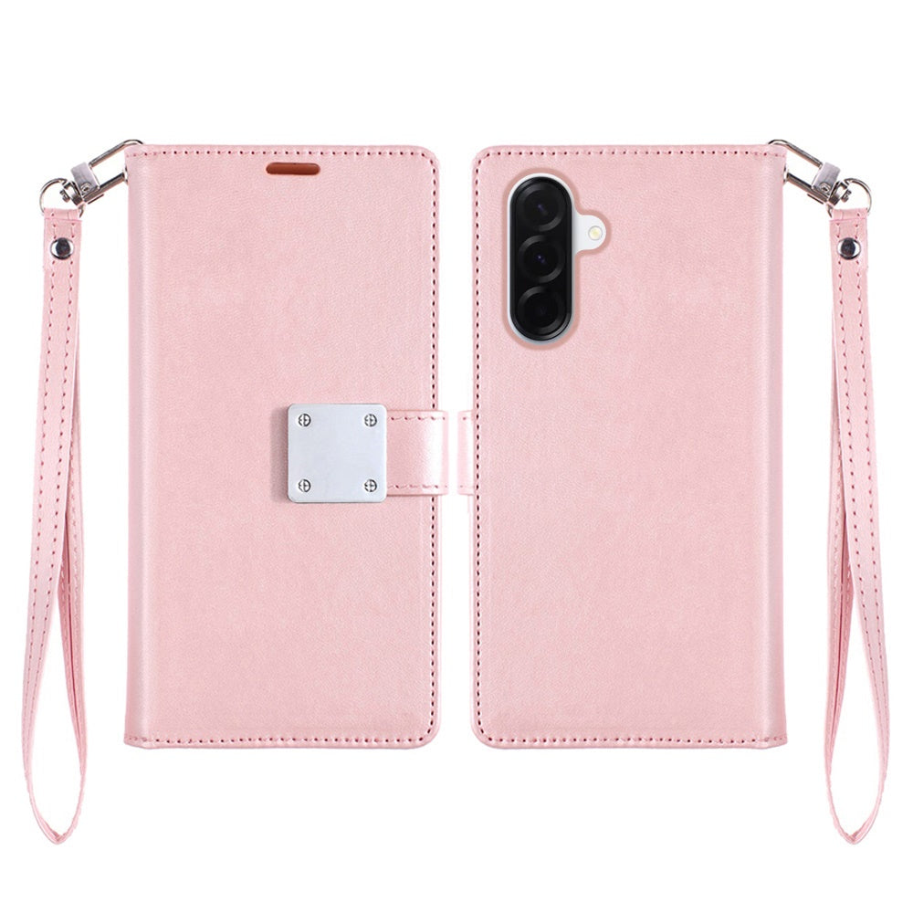 For Samsung Galaxy A57 Wallet Cases PU Leather with Credit Card /ID /Cash Holder Slot Dual Flip Book Pouch, Stand and Strap Case Cover Rose Gold