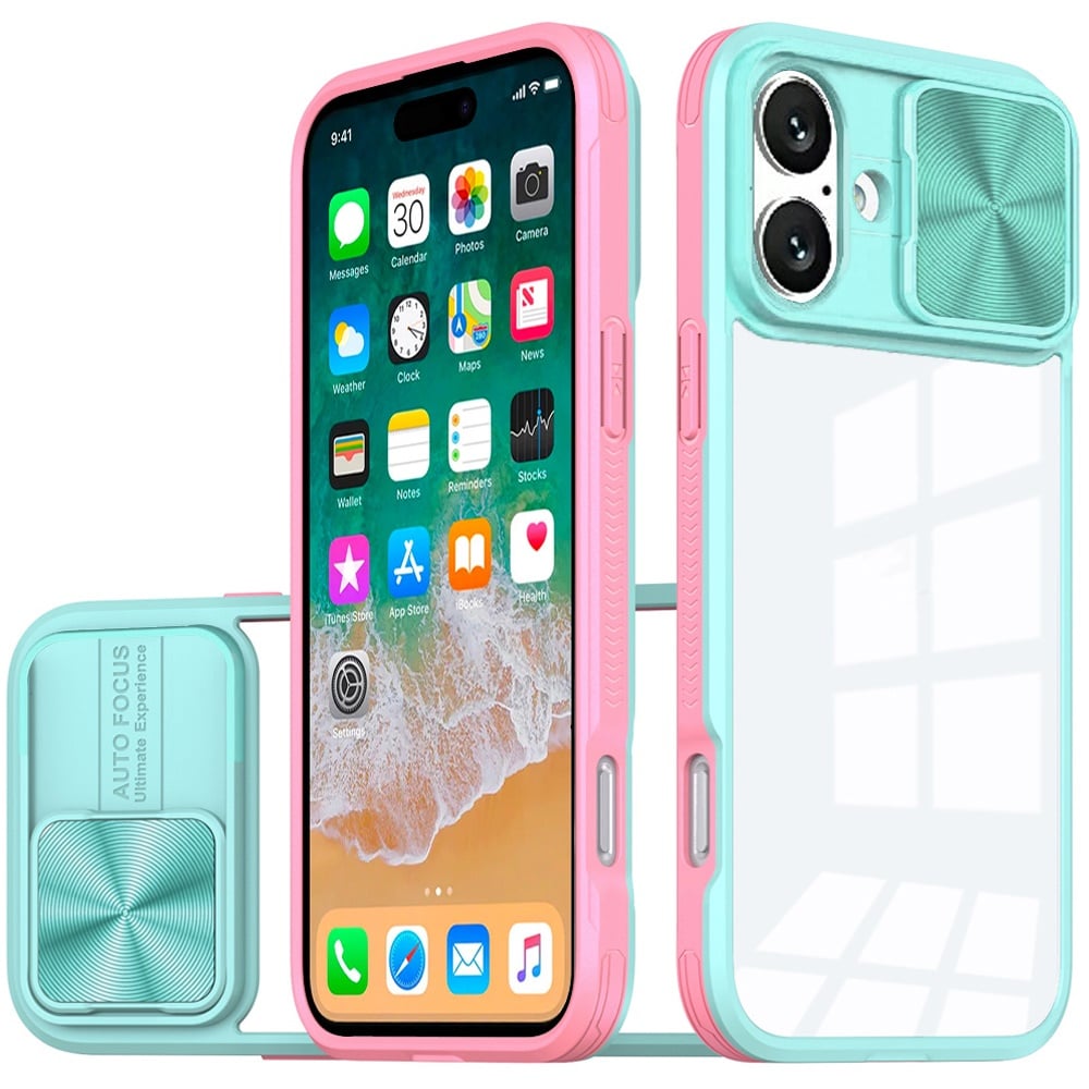 For Apple iPhone 16 Plus Hybrid Cases with Sliding Camera Cover Transparent Shockproof Bumper TPU Protective Case Cover Pink/Blue