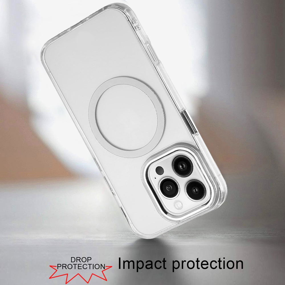 For Apple iPhone 16 Pro (6.3") Transparent Back Hybrid Case - Magnetic Circle, Color Frame, Metal Buttons, MagSafe Compatible Case Cover