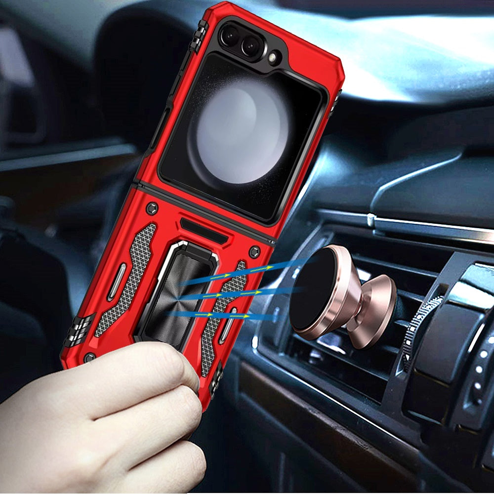 For Samsung Galaxy Z Flip 7 FE Tough Hybrid Case with Movable Camera Window & Metal Ring Stand Shockproof Case Cover