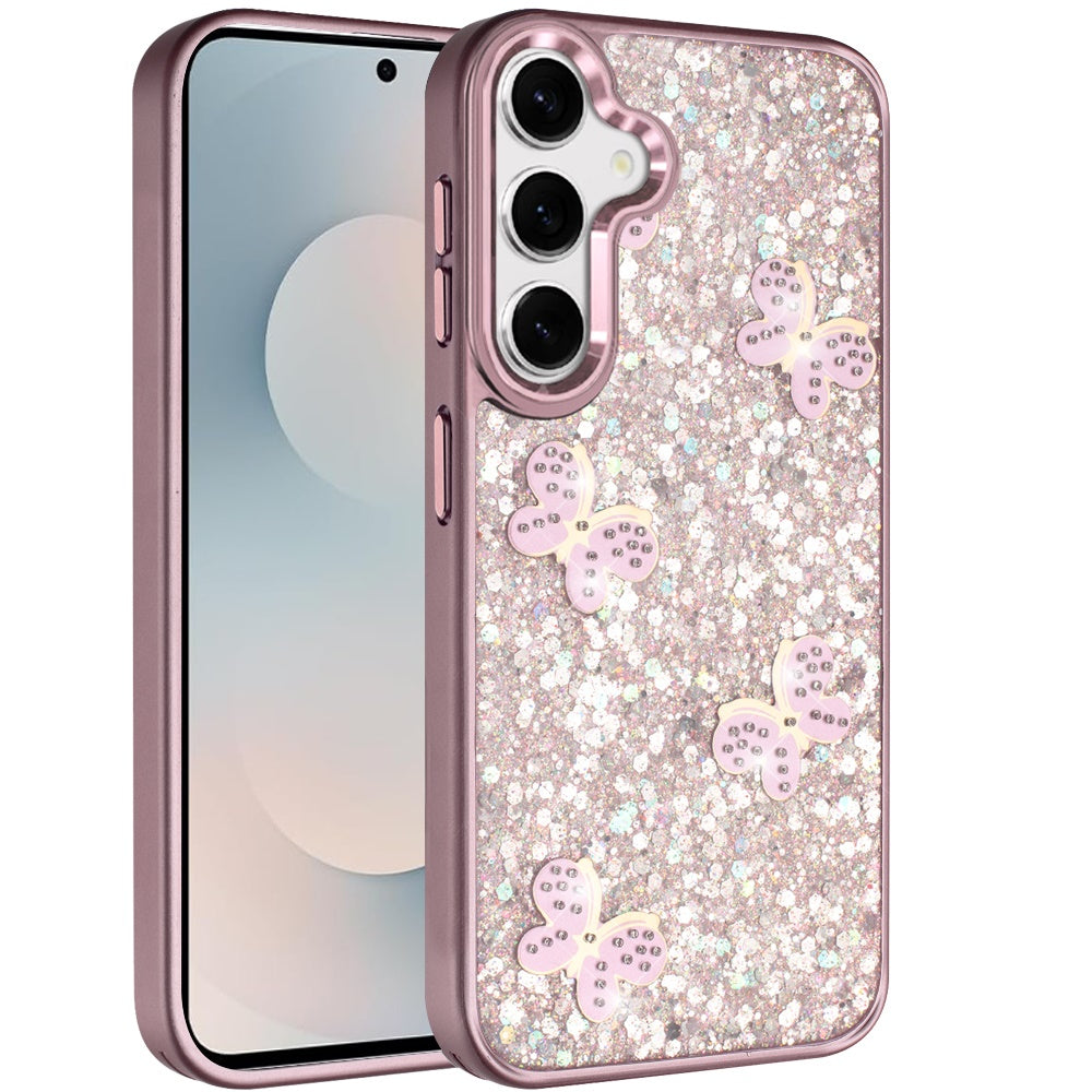 For Samsung Galaxy A17 5G Cute Butterfly Crystal Diamond Glitter Case Sparkle Bling Frame Metallic Edges, Shimmer TPU Hybrid Case Cover