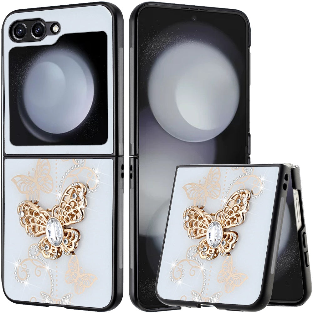 For Samsung Galaxy Z Fold 7 Diamonds 3D Butterfly Bling Sparkly Glitter Ornaments Engraving Hybrid Metal Fashion Case Cover White Garden Butterflies