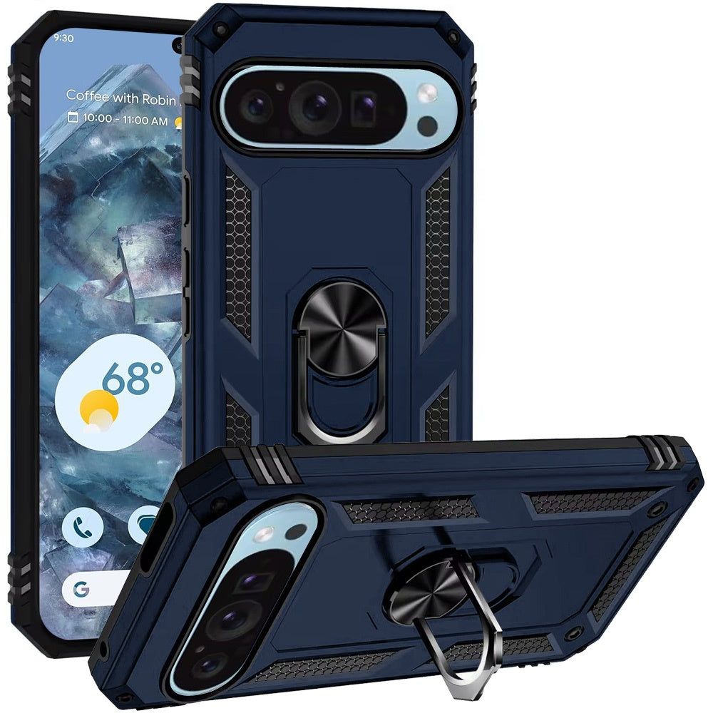 For Google Pixel 9 Pro XL Hybrid Shockproof Durable 360 Degree Rotatable Ring Stand Holder Kickstand Fit Magnetic Car Mount Case Cover Blue