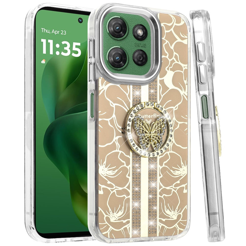 For Motorola Moto G Stylus 5G 2025 Diamonds 3D Butterfly Floral Design Bling Sparkly Glitter Hybrid Metal Fashion with Ring Stand Case Cover