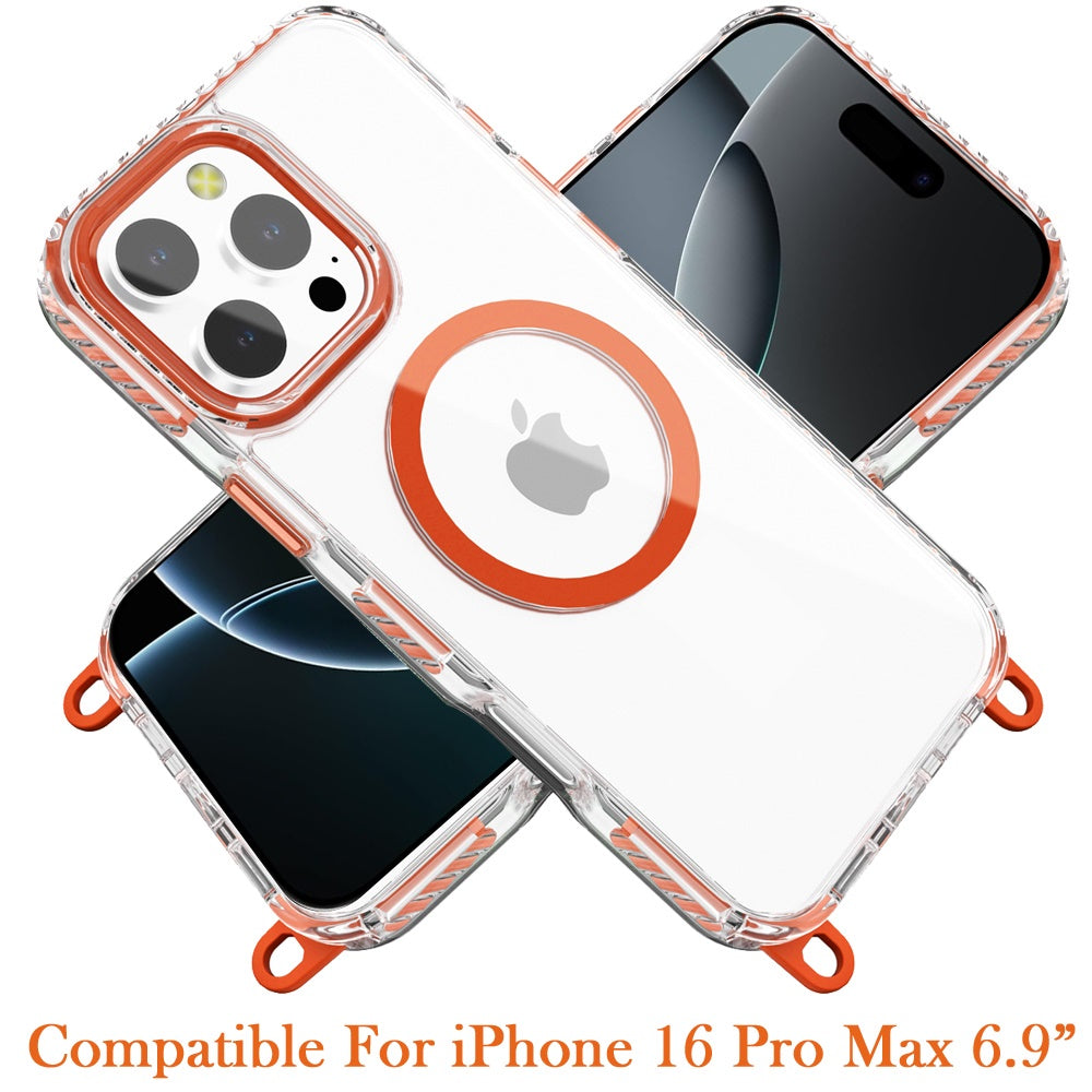 Phone Case for Apple iPhone 16 Pro Max Transparent Magnetic Lanyard Shockproof Hybrid Clear Grip Durable Camera Protection TPU Anti-Slip Design Cover Cosmic Orange