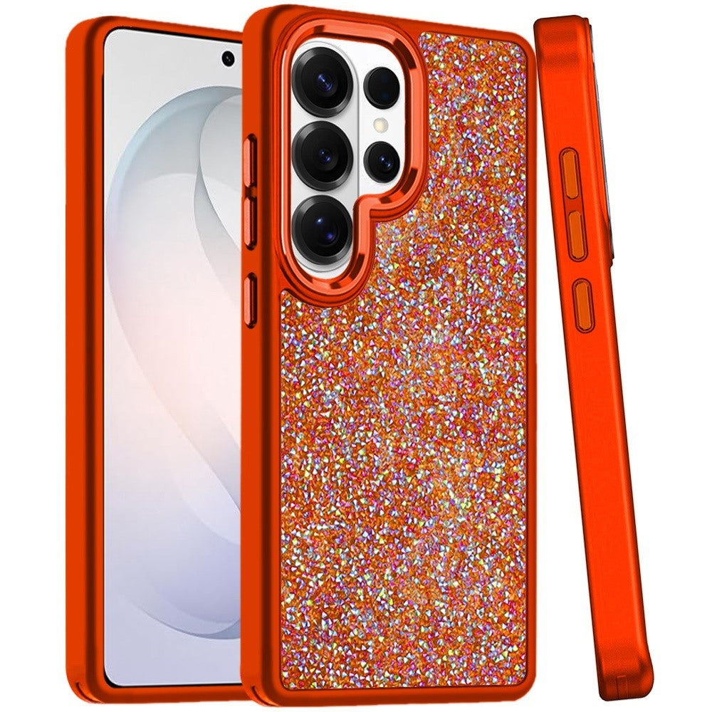 Phone Case for Samsung Galaxy S26 Ultra Crystal Glass Bling Diamond Metallic Edge Shockproof Durable Protective Clear Hybrid Stylish Premium Design Cover Cosmic Orange