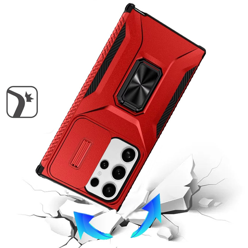For Samsung Galaxy S22 Ultra Case, Camera Cover with Magnetic Rotation Ring Stand, Military Grade Hybrid Hard TPU Shockproof Case Cover Red