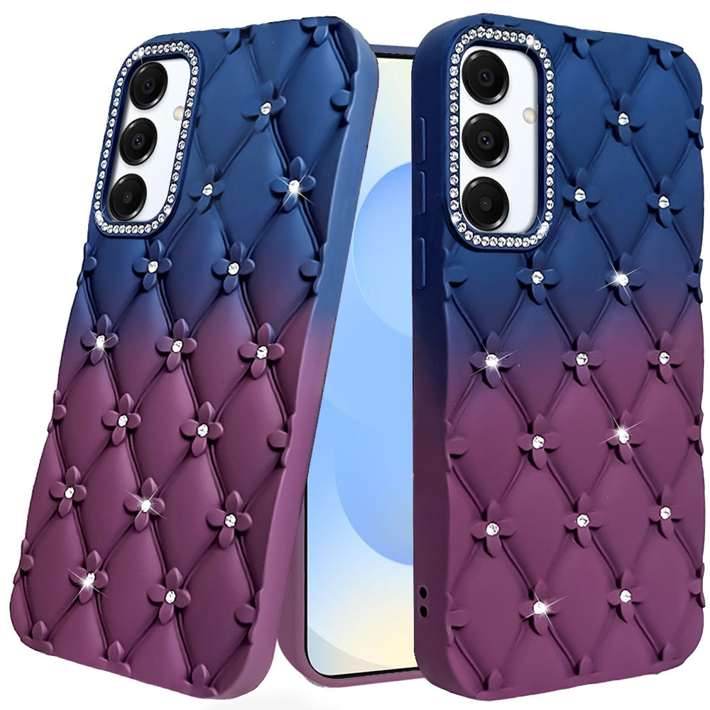 For Samsung Galaxy S25+ /S25 Plus /S24+ Plus Fashion Flower Design Sparkle Glitter Shimmer Rhinestone Bling Floral Accents, Leather Texture TPU Case Cover Dark Blue /Burgundy