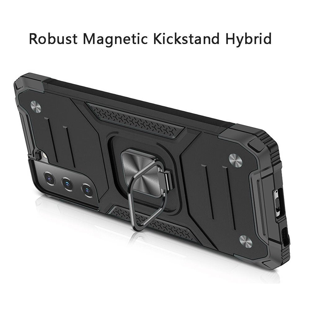 For Samsung Galaxy S21 FE /Fan Edition Armor Hybrid Magnetic Stand with Ring Holder Kickstand Shockproof Heavy-Duty Durable Rugged TPU Dual Layer Case Cover Black