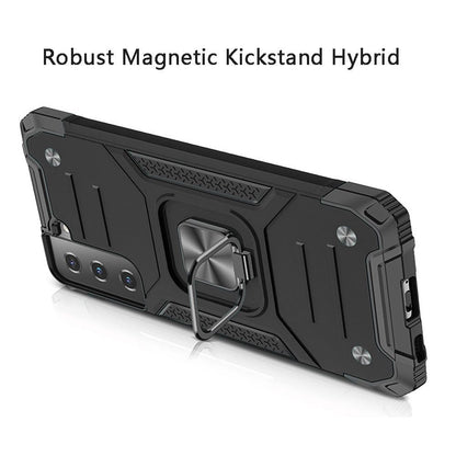 For Samsung Galaxy S21 FE /Fan Edition Armor Hybrid Magnetic Stand with Ring Holder Kickstand Shockproof Heavy-Duty Durable Rugged TPU Dual Layer Case Cover Black