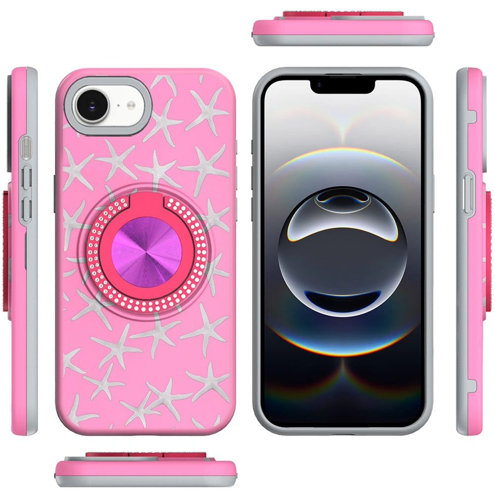 For Apple iPhone 16e Pattern Design Hybrid with Invisible Ring Stand & Magnetic Back, Shockproof Protective Grip Case Cover Pink Starfish