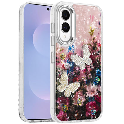 For Samsung Galaxy S25 EDGE Epoxy Glitter Flowers Bling 3D Butterfly Fashion TPU Hybrid with Shockproof Protection Case Cover