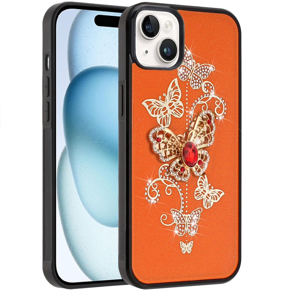 For Apple iPhone 15 Diamonds 3D Butterfly Bling Sparkly Glitter Ornaments Engraving Hybrid Metal Fashion Case Cover Garden Butterflies Cosmic Orange