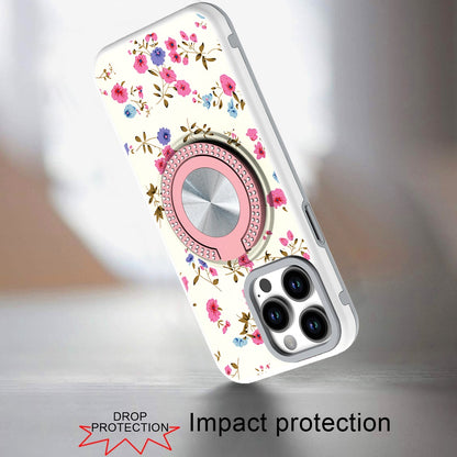 For Apple iPhone 16e Pattern Design Hybrid with Invisible Ring Stand & Magnetic Back, Shockproof Protective Grip Case Cover Mini Spring Flowers