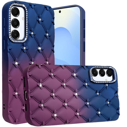 For Samsung Galaxy S25 /S24 Fashion Flower Design Sparkle Glitter Shimmer Rhinestone Bling Floral Accents, Leather Texture TPU Case Cover