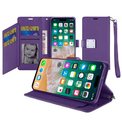 For iPhone 16 Pro Max (6.9") Wallet Cases PU Leather with Credit Card /ID /Cash Holder Slot Dual Flip Book Pouch, Stand and Strap Case Cover