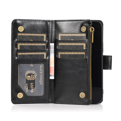 For Samsung Galaxy S26 Leather Wallet Case with Zipper, 9 Card Slots, Cash Pocket, Stand & Strap, Clutch Pouch Design Case Cover Black