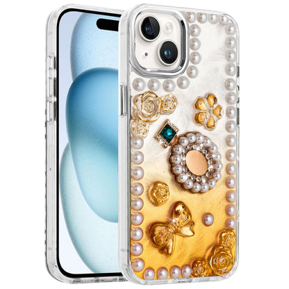 For Apple iPhone 14 /13 Bling Fashion Design with 3D Pearls Epoxy Glitter Ornaments Chrome Edge Hard Slim PC Case Cover
