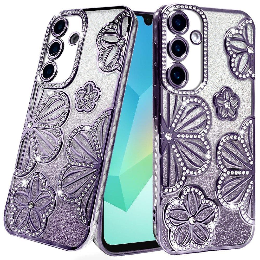 For Samsung Galaxy A16 Luxury Flower Design Sparkle Glitter Diamond Rhinestone Shimmer Bling Plating Thick TPU Hard PC Case Cover Flower Purple