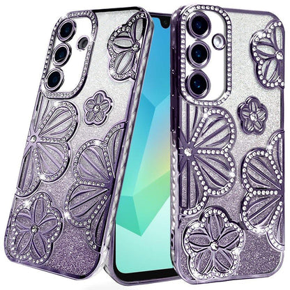 For Samsung Galaxy A16 Luxury Flower Design Sparkle Glitter Diamond Rhinestone Shimmer Bling Plating Thick TPU Hard PC Case Cover Flower Purple