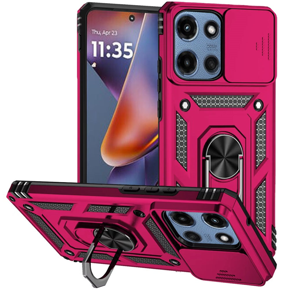 For Motorola Moto G 5G 2025 Hybrid Ring Shockproof with 360° Rotate Ring Kickstand, Camera Lens Protection, Soft Edge Bumper Case Cover Hot Pink