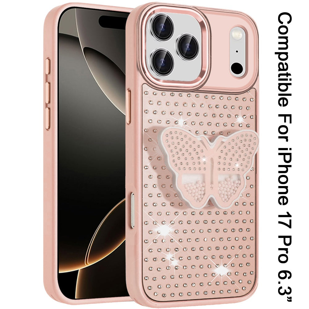 For Apple iPhone 17 Pro (6.3") Butterfly Moveable Grip 3D Pop Stand Full Diamond Bling Sparkling TPU Fashion Hybrid Case Cover