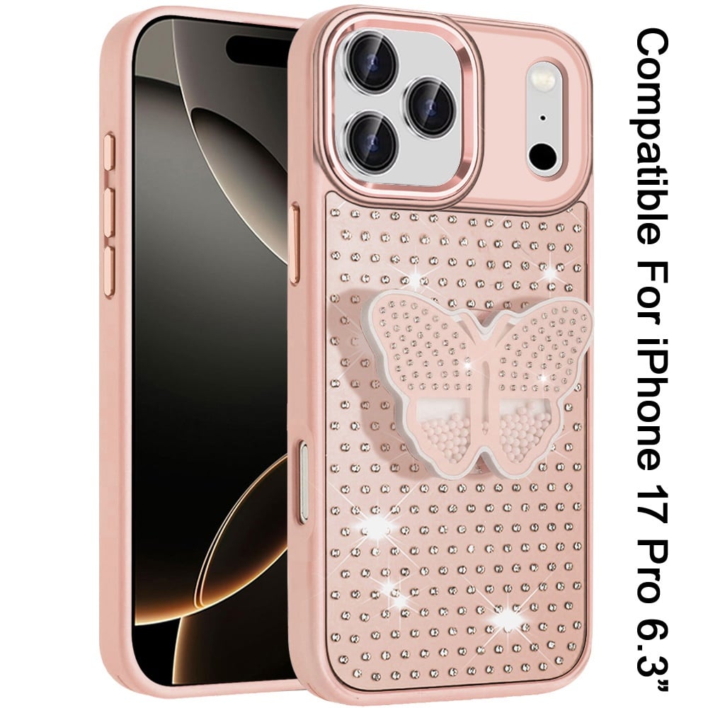 For Apple iPhone 17 Pro (6.3") Butterfly Moveable Grip 3D Pop Stand Full Diamond Bling Sparkling TPU Fashion Hybrid Case Cover