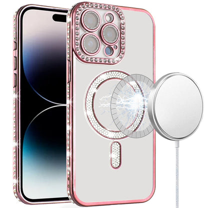 For Apple iPhone 14 Pro Max Bling Case with Diamond Magnetic Circle, Transparent Slim Shockproof Hybrid Slim Fit Case Cover