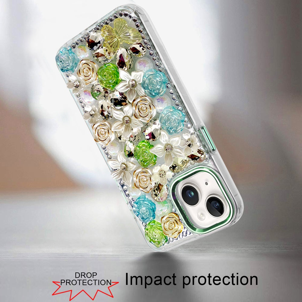 For Samsung Galaxy A57 3D Diamond Floral Roses Flower Bling Stone Hybrid, Sparkly Rhinestone Gemstone Back Shockproof Case Cover