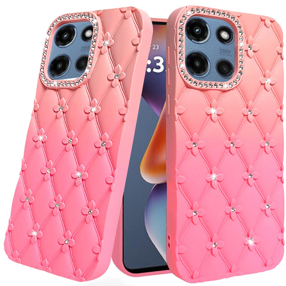 For Motorola Moto G Power 5G 2025 Fashion Flower Design Sparkle Glitter Shimmer Rhinestone Bling Floral Accents, Leather Texture TPU Case Cover