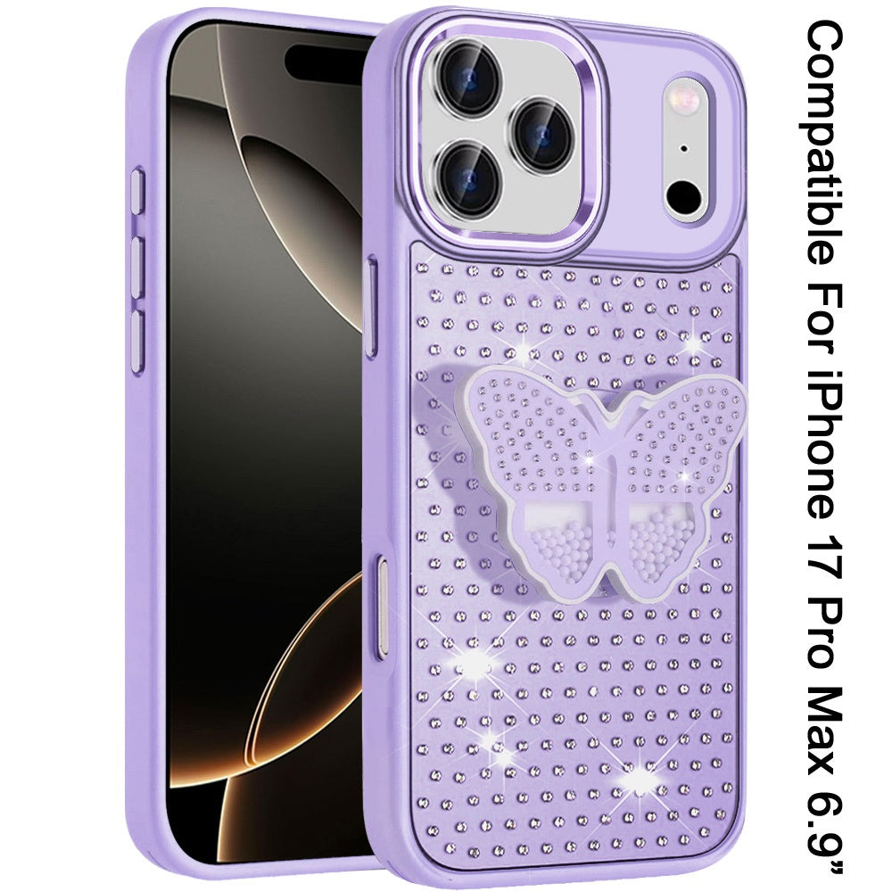 For Apple iPhone 17 Pro Max (6.9") Butterfly Moveable Grip 3D Pop Stand Full Diamond Bling Sparkling TPU Fashion Hybrid Case Cover