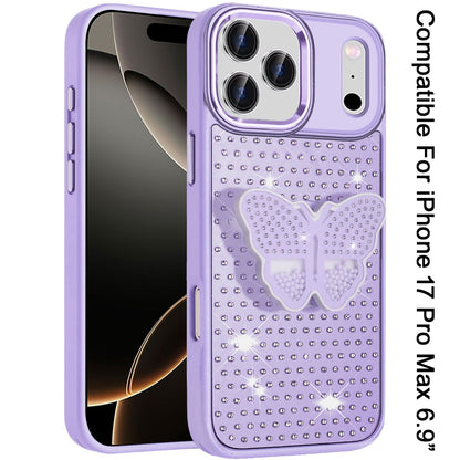 For Apple iPhone 17 Pro Max (6.9") Butterfly Moveable Grip 3D Pop Stand Full Diamond Bling Sparkling TPU Fashion Hybrid Case Cover