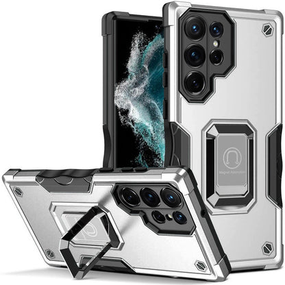 Phone Case for Samsung Galaxy S23 Ultra Shockproof Magnetic Ring Stand Hybrid Kickstand Armor 360 Rotation Anti-Slip Grip Military Grade Drop Resist Cover Silver