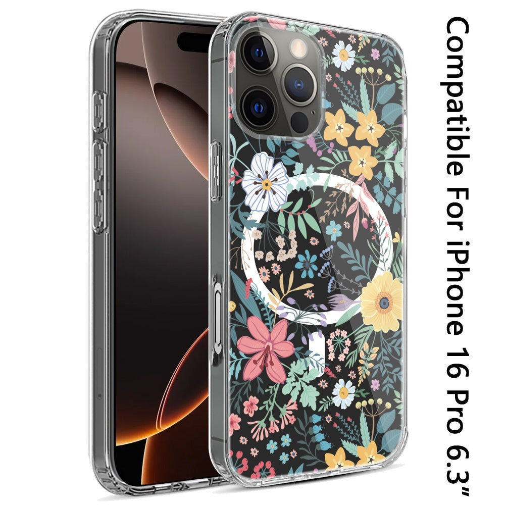 For Apple iPhone 16 Pro Hybrid Flower Design Stylish Fashion Case, MagSafe Compatible, Thick Shockproof Hard PC Case Cover Wildflower