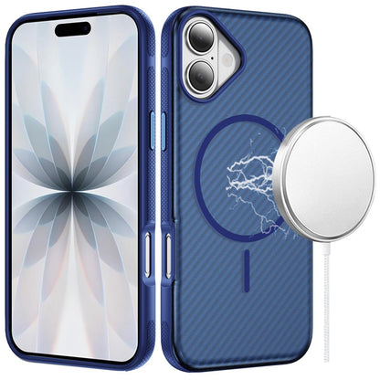 Phone Case for Apple iPhone 17 Shockproof Magnetic Carbon Fiber Texture Metallic Button Rugged Grip Anti Fingerprint Heavy Duty Hybrid Armor Cover Blue