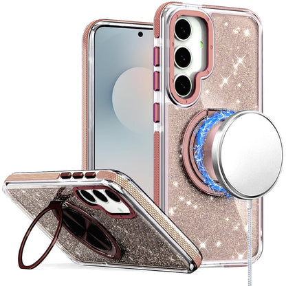 For Samsung Galaxy S25 FE /S25 Fan Edition Slim Bling Glitter Sparkly Shimmer Hybrid with Magnetic Ring and 360° Rotational Stand [Compatible with Magsafe] Case Cover Black