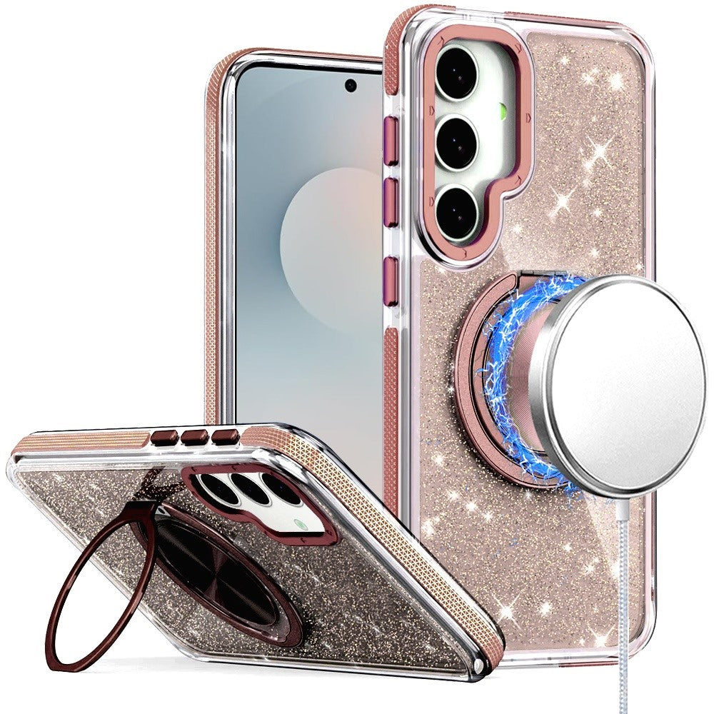 For Samsung Galaxy S25 FE /S25 Fan Edition Slim Bling Glitter Sparkly Shimmer Hybrid with Magnetic Ring and 360° Rotational Stand [Compatible with Magsafe] Case Cover Gold